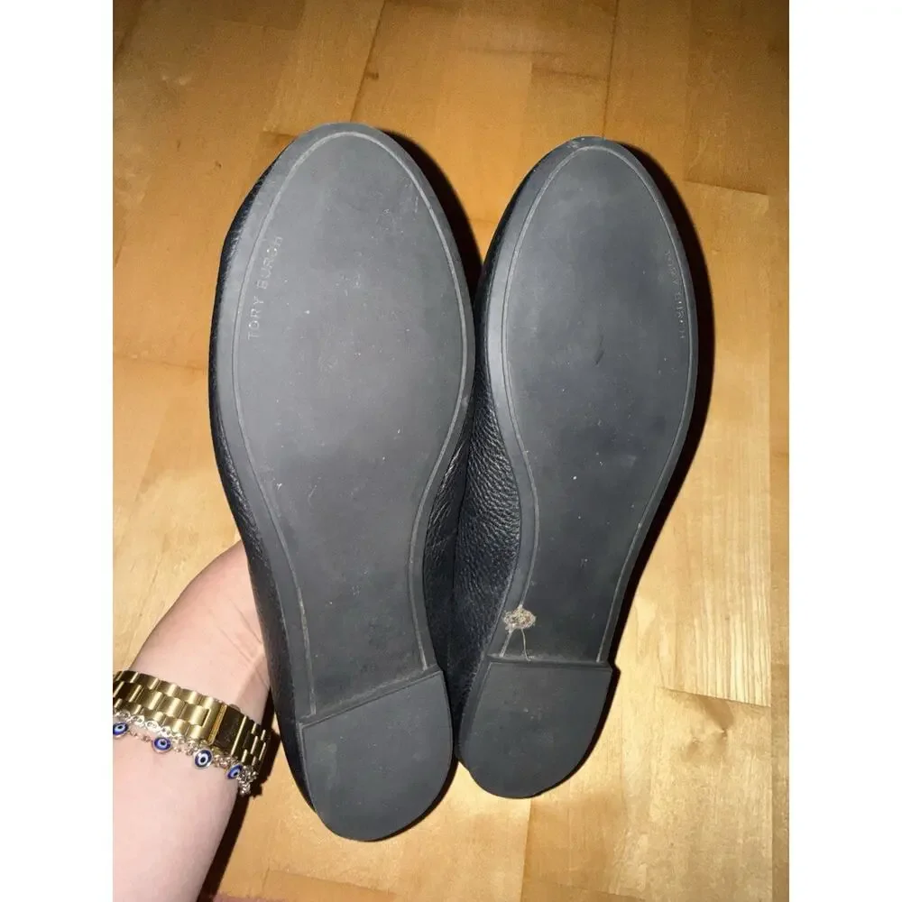 Tory Burch Chelsea Signature Logo Classic Leather Flat Ballet Shoe Black Gold 11